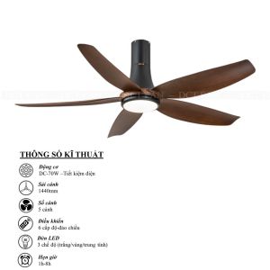 Quạt trần gió mạnhQuạt đèn 5 cánh phòng khách sải cánh 1m44Động cơ lõi đồng 6 tốc độ gió có đảo chiều kèm điều khiển