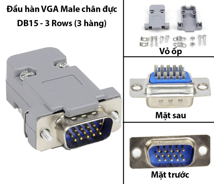 Đầu hàn COM DB15 VGA Male chân đực (3 hàng 15 chân) kèm vỏ ốp nhựa vặn ...