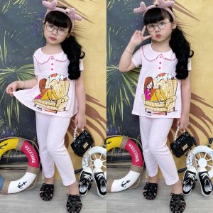 (10-23kg) Bộ thun borip sọc hình in sắc nét tay ngắn quần dài cho bé gái (MSP 635-890)