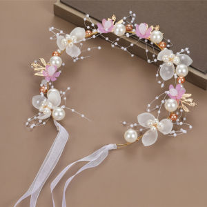 Sweet Pearl Ribbons Kid Girl Headband Cute Lace Beaded Girls Flower Crowns Birthday Party Photography Children Wreath Hairband
