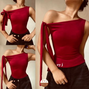 Juily One Side Tie Asymmetrical Off Shoulder Crop Top Double Lining Front Single Tie Sleeveless Basic Cotton Spandex Womenswear Comfortable Lady Fit Casual Minimalist Blouse
