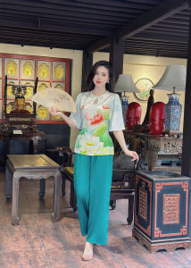 Bộ lam cách tân hoạ tiết Tết vải gấm hoa mai cổ ngọc phối lụa latin hàng may kĩ đẹp có size 40-70kg