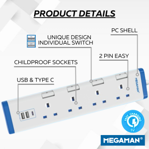MEGAMAN Extension Plug Trailing Socket Extension (2M) 4/5 Gang 13A Multiple Plug Adaptor Reel