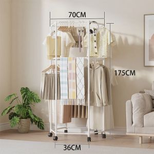 MECOME พร้อมล้อ ชั้นวางเสื้อผ้าหกเหลี่ยม โครงสร้างที่แข็งแรง หมุน ชั้นวางเสื้อผ้าแบบเคลื่อนย้ายได้ แบบพกพา หลายฟังก์ชัน ไม้แขวนเสื้อแนวตั้ง ใช้ในบ้าน