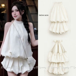 Set tiểu thư sang trọng form bí bồng gồm áo yếm thắt nơ bo chun lưng phối chân váy ngắn
