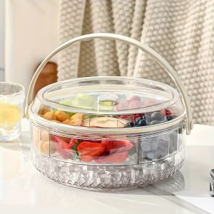 Elegant Round Multi-Compartment Serving Tray with Ice Cube Section – Reusable Hand Washable Clear Plastic Design for Appetizers Fruits and Parties – Perfect for Weddings Gatherings and Fresh Food Display Decorative Tray