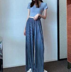 Chiffon Shimmering Wide-Leg Pants for Women Summer Loose Straight Pants Pleated Ice Silk Pants Draped Long Pants High-Waisted Casual Pants