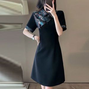 New Design Chinese Style Temperament Black Dresses Women Casual Showing Slim Retro Elegant Lady age reduction Short Sleeve Lapel A-line Dress