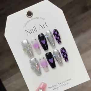 [HANDMADE]Artificial Nail Sweetheart Babes Black Purple Checkerboard Magic Mirror Pink Heart Star Phototpy Nails Reusable and Removable Nails