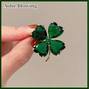 Aolie Lucky Four-leaf Clover Brooch French Retro Emerald Corsage Fixed Clothes Pin Buckle Lady Wedding Jewelry Accessories