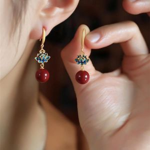 LL Fashionable red cinnabar lotus retro enamel lucky elegant earrings ES64836