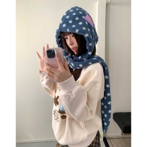 HEALMEYOU Soft Fluffy Hooded Scarf Hat Thermal Fabric Integrated Design Fleece Hooded Scarf Winter Neck Warmer Windproof Plush Balaclava Cap Daily Wear