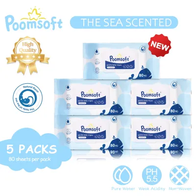 Poomsoft 5 Packs x 80 Sheet Sea Scented No-Alcohol Gentle Wipes For Baby Disposable Wet Wipes