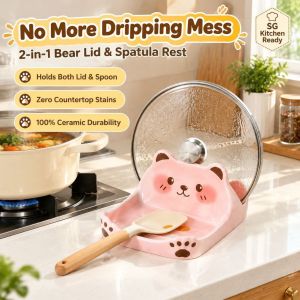 Cartoon Bear Pot Lid Rack Kitchen Storage Rack Non-Slip Lid Holder Creative Countertop Spatula Rack Multifunctional Kitchen Accessories