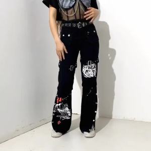 [MissDong]Goth Dark Harajuku Gothic Fashion Patchwork Black Jeans Punk Grunge Aesthetic Women Autumn Electro Pants Emo Printed Streetwear㏇X0409