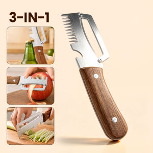 Stainless Steel Kitchen Peeler 3-in-1 Peel / Julienne / Open Bottles with Non-Slip Wood Grip & Thickened Blade For Peeling Fruits Vegetables & Shredding Ingredients Pengupas Dapur 厨房削皮器