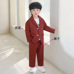 ชุดสูทแฟชั่นทางการของเด็กผู้ชายชุดเสื้อแจ็กเก็ตกางเกงกางเกงสำหรับงานเลี้ยงงานแต่งงานเสื้อผ้าสีน้ำตาลสีแดงสีดำสีม่วง