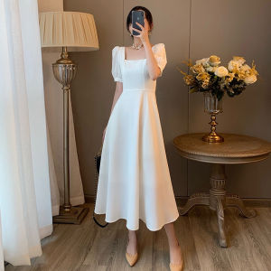 Long Skirt Dress Short Sleeved Square Formal Elegant Slim Korean red and White Skirt For Women