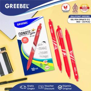 GREEBEL Pulpen Ballpen Pen Gel | GP-505 ORNATE RED 12 PCS | Pulpen Gel Greebel Pena Bolpen Bolpoin Gel