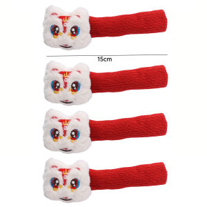 YESPERY 4Pcs Luck Lion Door Handle Cover Chinese Style New Year Knitted Silent Anti-Collision Door Handle Cover Home 2025 New Year Festival Decoration