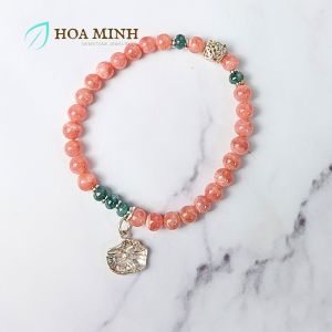 Vòng tay đá Đào Hoa Rhodochrosite thiên nhiên VIP size 6.1 li phối charm bạc xỏ ngang lá sen và bánh xe cẩm thạch hợp phong thủy mệnh Hỏa Thổ | Hoa Minh Gem