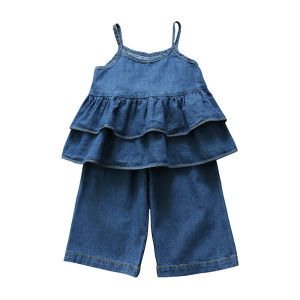 Humor Bear Summer Denim Suit Sling Top+Pants 2Pcs Kid Clothes Girl Set Young Children Clothes For 2-6 Years