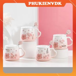 Cốc Uống Nước Cốc Sứ Quà Tặng Cặp Đôi Hoa Anh Đào Màu Hồng Dễ Thương Mạ Nổi Lấp Lánh