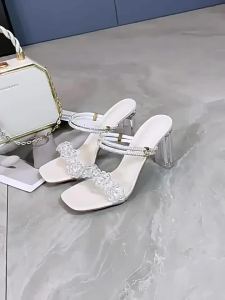 Dual-Use High-Heeled Sandals For Women 2025 Summer New Korean Style One-Strap With Rhinestones Elegant Transparent Heel Fashionable For Outdoor Wear