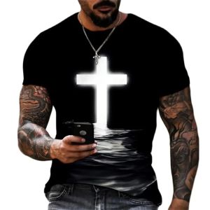 Christian Mens Clothing T Shirts Oversized Vintage T Shirt Gothic Jesus Christ Cross 3D Print O-neck Tops Hip Hop Short Sleeve h260527