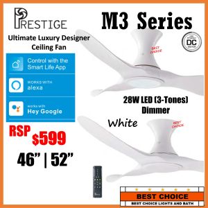 Prestige M3 series Smart wifi DC Motor Ceiling fan 46/52in with 28w led light dimmable google tuya smart life