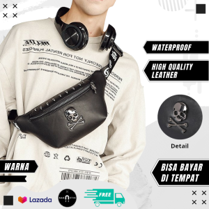 Tas selempang pria kulit import anti air model distro skull terbaru by bagnetik AA16