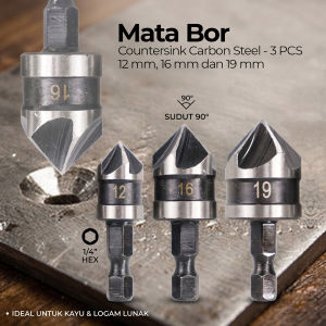 Countersink Drill Bit 12-16-19mm Mata Bor Steel 3pcs Set Multifungsi 02SV
