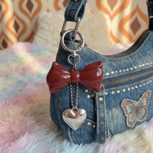 GROCERIY Acrylic Red Bow Keychain Silver Heart Circle Clip Purse Accessory New Sweet Bag Charm Women