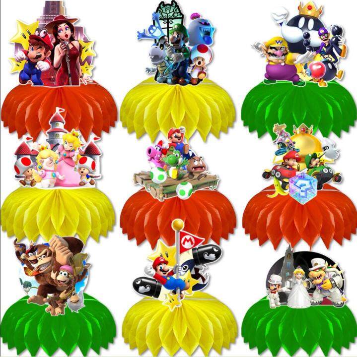 9 Pieces Super Mario Table Ornament Honeycomb Centerpiece ornament Table Decorations Topper for desktop Super Mario theme party decoration