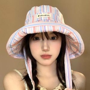 CRUSHES Lace-up Bucket Hat Large Brim Colorful Striped Fisherman Hat Korean Fashion Sun Protection Summer Cap Women