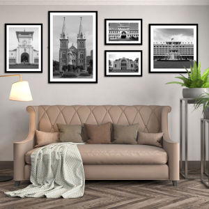 Tranh treo tường sài gòn trắng đen 1 có khung trang trí decor kèm đinh