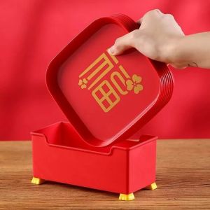 HTF 8pcs/set Kitchen Red Square Plate Set Household Plastic Dessert Snack Plate With
