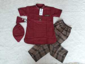 BAJU KOKO SETELAN ANAK IBNU MUSLIM MOTIF KOTAK FREE MASKER BAHAN KATUN MADINAH PREMIUM 3- 12 TAHUN
