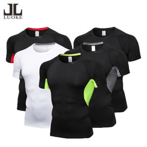 Luoke  Men Sports shirt compression short sleeve round collar armpit sleeve mesh breathable 5 colors