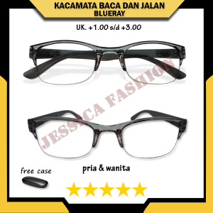 Kacamata 3 Fungsi Lensa Jalan Baca & Antiradiasi (PLUS) +1.00 s/d +3.00 PRIA WANITA Half Rim Warna Frame Abu Bening Clubmaster Lensa Hitam Gradasi Ada Per Pegas - FREE CASE