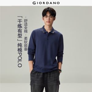 GIORDANO Men Polo Shirts Contrast Trim Collar Cotton Polo Shirts Long Sleeve Fashionable Casual Regular Polo Shirts 13016625