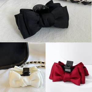 Black Bow Princess Hair Clip Female Small Bow Bangs Hair Clip Fashion Hair Accessories Black and white satin bow hair clips with black plastic clips. Elegant hair accessories for styling.