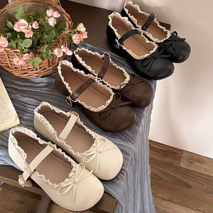 รองเท้า Mary Jane สีแดง รองเท้า Mary Jane หนังหัวกลม สำหรับผู้หญิง มีโบว์ น้ำหนักเบา สวมใส่สบาย