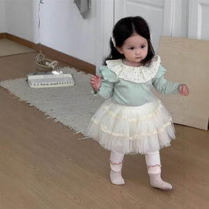 Girls 2026 Spring lace collar top tulle skirt leggings set Korean-style childrens clothing baby spring outfit