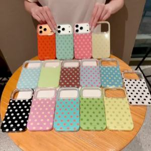 INS Korea Brown Blue White Yellow Black Polka Dot Phone Case For iPhone 16 15 14 13 17 Pro Max shiny protect cover 