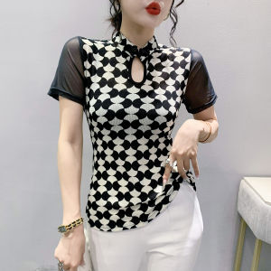 YIMEI Áo Thun Nữ Quảng Châu Đẹp 2023 Cộc Tay Mới Mùa Hè Áo Có Nút Ôm Vừa Dáng Ôm Áo Thun In Hình Nữ