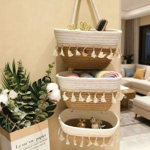 RUO R 3-Tier Multi Pocket Hanging Baskets Handwoven Woven Cotton Wall Hanging Pouch Eco-Friendly Space Saving Woven Hanging Organizer Kitchen