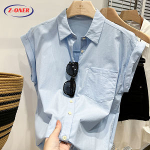 Z-ONER Korean Style Blue Blouse for Women Sweet Stand-up Collar Blouse Fashion Short-sleeve Shirt