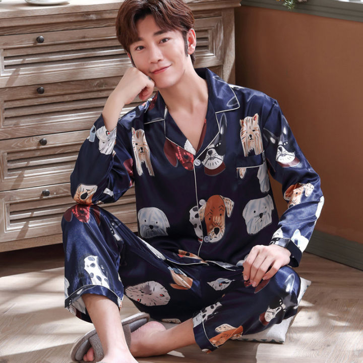 Men Satin Silk Nightwear Pajamas Sets Long Sleeve Sleepwear Pyjamas Print Lazada Singapore