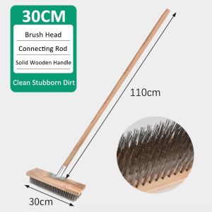 Stainless Steel Floor Brush with Long Handle Wooden Iron Bristle Wire Brush for Garage Patio Garden Pool Moss Cleaning Tools